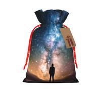 Christmas Drawstring Gift Bags Man Looking Up Universe Night Sky Reusable Christmas Wrapping Bag W/Tags Xmas Treat Pouch Goody Bags Candy Treat Bag For Xmas Holiday Presents Party Favor 8.3x11.8 Inch
