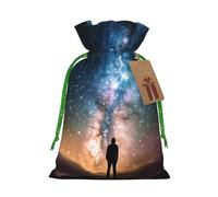 Christmas Drawstring Gift Bags Man Looking Up Universe Night Sky Reusable Christmas Wrapping Bag W/Tags Xmas Treat Pouch Goody Bags Candy Treat Bag For Xmas Holiday Presents Party Favor 4.7x6.9 Inch