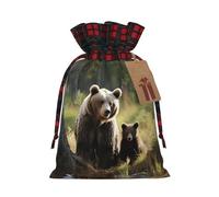 Christmas Drawstring Gift Bags Mother brown bears protect cubs Wrapping Bag with Tag Buffalo Plaid Xmas Gift Drawstring Present Bag for Christmas Birthday Holiday Party Santa Candy Sack Pouch