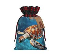 Christmas Drawstring Gift Bags Ocean cute sea turtle oil painting Xmas Wrapping Sacks Buffalo Plaid Goodie Bag Burlap Treat Bag Gift Wrapping Storage Sack for Xmas Presents Party Favor Pouch Medium