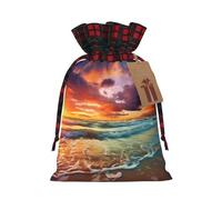 Christmas Drawstring Gift Bags Ocean Rainbow Beach Sunset or Sunrise Xmas Wrapping Sacks Buffalo Plaid Goodie Bag Burlap Treat Bag Gift Wrapping Storage Sack for Xmas Presents Party Favor Pouch Small