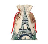 Christmas Drawstring Gift Bags Paris City Tree Eiffel Tower Art Reusable Christmas Wrapping Bag W/Tags Xmas Treat Pouch Goody Bags Candy Treat Bag For Xmas Holiday Presents Party Favor 4.7x6.9 Inch