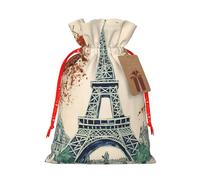 Christmas Drawstring Gift Bags Paris City Tree Eiffel Tower Art Reusable Christmas Wrapping Bag W/Tags Xmas Treat Pouch Goody Bags Candy Treat Bag For Xmas Holiday Presents Party Favor 8.3x11.8 Inch