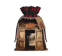 Christmas Drawstring Gift Bags Retro Cowboy Western Country Farm Wrapping Bag with Tag Buffalo Plaid Xmas Gift Drawstring Present Bag for Christmas Birthday Holiday Party Santa Candy Sack Pouch