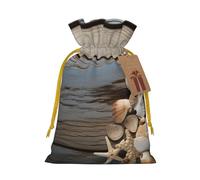Christmas Drawstring Gift Bags Seashells On Wooden Board Reusable Christmas Wrapping Bag W/Tags Xmas Treat Pouch Goody Bags Candy Treat Bag For Xmas Holiday Presents Party Favor 8.3x11.8 Inch