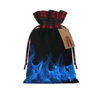 Christmas Drawstring Gift Bags, Stand Up Xmas Bags with Tags & Ribbon Ties, Blue Flame Christmas Treat Bag Buffalo Plaid Santa Wrapping Bag, Medium Holiday Gift Sacks for Party