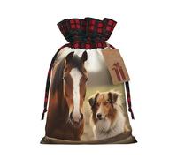 Christmas Drawstring Gift Bags, Stand Up Xmas Bags with Tags & Ribbon Ties, Collie Dog and Horse Together Christmas Treat Bag Buffalo Plaid Santa Wrapping Bag, Medium Holiday Gift Sacks for Party