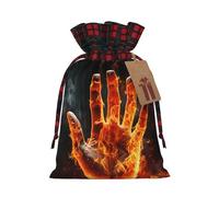 Christmas Drawstring Gift Bags, Stand Up Xmas Bags with Tags & Ribbon Ties, Fire Flame Hand Christmas Treat Bag Buffalo Plaid Santa Wrapping Bag, Medium Holiday Gift Sacks for Party