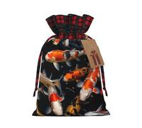 Christmas Drawstring Gift Bags, Stand Up Xmas Bags with Tags & Ribbon Ties, Japan Fancy Koi Carp Fishes Christmas Treat Bag Buffalo Plaid Santa Wrapping Bag, Medium Holiday Gift Sacks for Party
