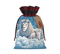Christmas Drawstring Gift Bags, Stand Up Xmas Bags with Tags & Ribbon Ties, Lamb with A Lion On The Clouds Christmas Treat Bag Buffalo Plaid Santa Wrapping Bag, Small Holiday Gift Sacks for Party