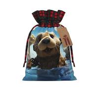Christmas Drawstring Gift Bags, Stand Up Xmas Bags with Tags & Ribbon Ties, Lovely Sea Otter Print Christmas Treat Bag Buffalo Plaid Santa Wrapping Bag, Medium Holiday Gift Sacks for Party