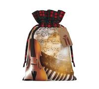 Christmas Drawstring Gift Bags, Stand Up Xmas Bags with Tags & Ribbon Ties, Piano Violin Music Notes Christmas Treat Bag Buffalo Plaid Santa Wrapping Bag, Small Holiday Gift Sacks for Party