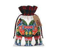Christmas Drawstring Gift Bags, Stand Up Xmas Bags with Tags & Ribbon Ties, Runner Swedish Dala Horse Folk Christmas Treat Bag Buffalo Plaid Santa Wrapping Bag, Small Holiday Gift Sacks for Party