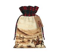 Christmas Drawstring Gift Bags, Stand Up Xmas Bags with Tags & Ribbon Ties, West Desert Cactus with Cowboys Riding Horses Christmas Treat Bag Buffalo Plaid Santa Wrapping Bag, Small Holiday Gift Sacks