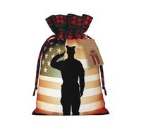 Christmas Drawstring Gift Bags Thank You Soldier Saluting America Flag Wrapping Bag with Tag Buffalo Plaid Xmas Gift Drawstring Present Bag for Christmas Birthday Holiday Party Santa Candy Sack Pouch