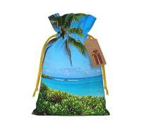 Christmas Drawstring Gift Bags Tropical Sea Coconut Tree Tropical Reusable Christmas Wrapping Bag W/Tags Xmas Treat Pouch Goody Bags Candy Treat Bag For Xmas Holiday Presents Party Favor 8.3x11.8 Inch