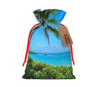 Christmas Drawstring Gift Bags Tropical Sea Coconut Tree Tropical Reusable Christmas Wrapping Bag W/Tags Xmas Treat Pouch Goody Bags Candy Treat Bag For Xmas Holiday Presents Party Favor 4.7x6.9 Inch