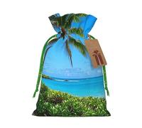 Christmas Drawstring Gift Bags Tropical Sea Coconut Tree Tropical Reusable Christmas Wrapping Bag W/Tags Xmas Treat Pouch Goody Bags Candy Treat Bag For Xmas Holiday Presents Party Favor 4.7x6.9 Inch