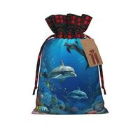 Christmas Drawstring Gift Bags Underwater World Dolphins Coral Wrapping Bag with Tag Buffalo Plaid Xmas Gift Drawstring Present Bag for Christmas Birthday Holiday Party Santa Candy Sack Pouch