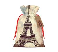 Christmas Drawstring Gift Bags Vintage Style Eiffel Tower Paris Reusable Christmas Wrapping Bag W/Tags Xmas Treat Pouch Goody Bags Candy Treat Bag For Xmas Holiday Presents Party Favor 4.7x6.9 Inch