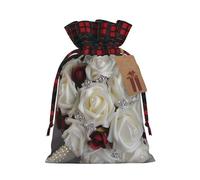 Christmas Drawstring Gift Bags White silk rose wedding flowers Wrapping Bag with Tag Buffalo Plaid Xmas Gift Drawstring Present Bag for Christmas Birthday Holiday Party Santa Candy Sack Pouch