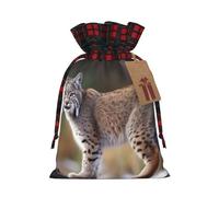 Christmas Drawstring Gift Bags Wild bobcat Xmas Wrapping Sacks Buffalo Plaid Goodie Bag Burlap Treat Bag Gift Wrapping Storage Sack for Xmas Presents Party Favor Pouch Medium