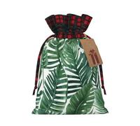 Christmas Drawstring Gift Bags With Tags, Banana Leaf Green Print Xmas Gift Wrapping Bag, Candy Bag, Present Wrapping Bag, Christmas Ornaments, New Year, Holiday Party Goodies