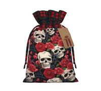 Christmas Drawstring Gift Bags With Tags Cool Skull Head And Roses Print - Candy Goody Present Bags, Xmas Gift Wrapping Bag, Party Xmas Tree Decor