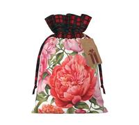 Christmas Drawstring Gift Bags With Tags Garden Peony Print - Candy Goody Present Bags, Xmas Gift Wrapping Bag, Party Xmas Tree Decor