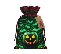 Christmas Drawstring Gift Bags With Tags, Green Ghost Horror Halloween Print Xmas Gift Wrapping Bag, Candy Bag, Present Wrapping Bag, Christmas Ornaments, New Year, Holiday Party Goodies
