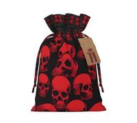 Christmas Drawstring Gift Bags With Tags Red Skulls Print - Candy Goody Present Bags, Xmas Gift Wrapping Bag, Party Xmas Tree Decor