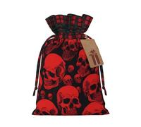 Christmas Drawstring Gift Bags With Tags Red Skulls Print - Candy Goody Present Bags, Xmas Gift Wrapping Bag, Party Xmas Tree Decor