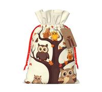 Christmas Drawstring Gift Bags Xmas Gift Sack with Tag & Tie Cartoon Family Owls On The Brown Tree Wrapping Sacks Pouches Favor Santa Bag for Wrapping Presents Christmas Birthday Party Xmas Party