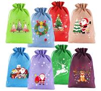 Christmas Drawstring Present Bags Fabric Sacks with Festive Patterns and Secure Closure, Polyester Linen Cloth Pouches for Kids Party Favours and Holiday Seasonal Decorations(8pcs-A)