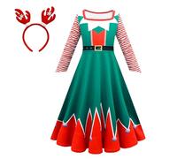 Christmas Dress for Children, Long Sleeve Dress Girls Christmas, T-Shirt Dresses Square Neck Winter Dress with Reindeer Headband Dresses Children's Dress Merry Christmas Party Dresses