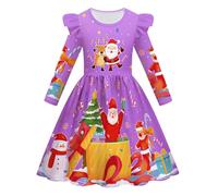 Christmas Dress for Children, Long Sleeve Dress Girls Christmas, Winter Dress Round Neck Flying Sleeves Dresses with Funny Print Children's Dress Merry Christmas A-line Christmas Party Dresses