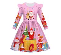 Christmas Dress for Children, Long Sleeve Dress Girls Christmas, Winter Dress Round Neck Flying Sleeves Dresses with Funny Print Children's Dress Merry Christmas A-line Christmas Party Dresses