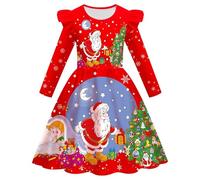 Christmas Dress for Children, Long Sleeve Dress Girls Christmas Winter Dress Round Neck Flying Sleeves Dresses with Funny Print Evening Dress Merry Christmas A-line Christmas Party Dress Clothing
