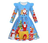 Christmas Dress for Children, Long Sleeve Dress Girls Christmas, Winter Dress Round Neck Flying Sleeves Dresses with Funny Print Children's Dress Merry Christmas A-line Christmas Party Dresses