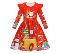 Christmas Dress for Children, Long Sleeve Dress Girls Christmas, Winter Dress Round Neck Flying Sleeves Dresses with Funny Print Children's Dress Merry Christmas A-line Christmas Party Dresses