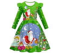 Christmas Dress for Children, Long Sleeve Dress Girls Christmas, Winter Dress Round Neck Flying Sleeves Dresses with Funny Print Children's Dress Merry Christmas A-line Christmas Party Dresses
