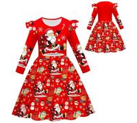 Christmas Dress for Children, Long Sleeve Dress Girls Christmas, Winter Dress Round Neck Flying Sleeves Dresses with Funny Print Children's Dress Merry Christmas A-line Christmas Party Dresses