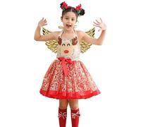 Christmas Dress for Little Girls, Christmas Tutu Dress for Girls, 3 x Set Print Carnival Parties, Dress Up with Headdress and Wings - Soft, Skin-friendly Tulle Dress in Elk Design for