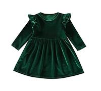 Christmas Dress for Toddler Baby Girls - Green Long Sleeve Velvet Party Crew Neck Flower Girl Princess Swing A-Line Birthday Long Fall Winter Dark Green 2-3 Years