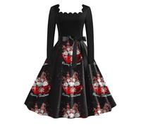 Christmas Dress for Women 50s Audrey Hepburn Style Santa Claus Snowman Elegant Square Neck Long Sleeve Retro Wine Glass Cocktail Plaid Vintage Midi A Line 40s 1960s Ladies Dresses, White, XL