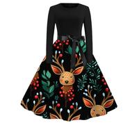 Christmas Dress for Women, Christmas Outfit Women, Cocktail Swing Dress Retro Long Sleeve Dress Flare Vintage Hepburn Dresses Christmas Costume for Cocktail Party