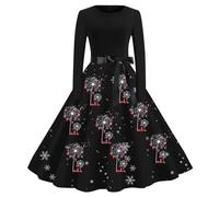 Christmas Dress for Women Uk, Christmas Hepburn Dress 1950s Fancy Dress Vintage High Waist A-Line Dress Long Sleeve Swing Dress with Belt Xmas Novelty Christmas Dress Holiday Christmas Women Dress