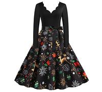 Christmas Dress for Women Women's 50s Retro Halloween Vintage Rockabilly Heart Shaped Neck Long Sleeve A-Line Cocktail Party Elegant Dress Outfits Prom Swing Printing Holiday Clothing Gold