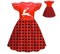 Christmas Dress Girls Red Christmas Dress Girls Dresses with Flying Sleeves Reindeer Print Checked Children's Dress Princess Dress Merry Christmas A-line Christmas Party Dresses Clothing