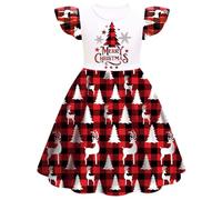 Christmas Dress Girls Red Christmas Dress Girls Dresses with Flying Sleeves Reindeer Print Checked Children's Dress Princess Dress Merry Christmas A-line Christmas Party Dresses Clothing